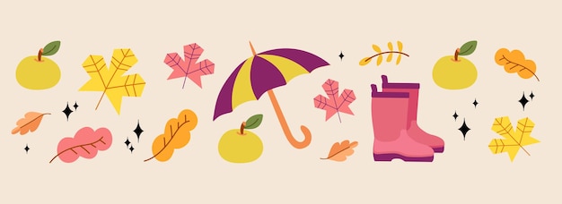 Estandarte de fondo horizontal de otoño con hojas, manzanas, paraguas y botas de lluvia