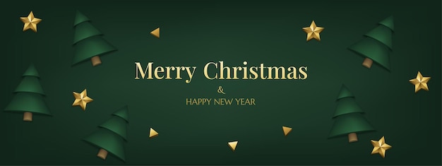 Estandarte de fondo verde con estrellas doradas folleto de la temporada de invierno Feliz Navidad y Año Nuevo
