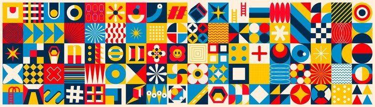 Estandarte geométrico abstracto estilo mosaico minimalista de los años 50 con figuras y formas geométricas círculo triángulo