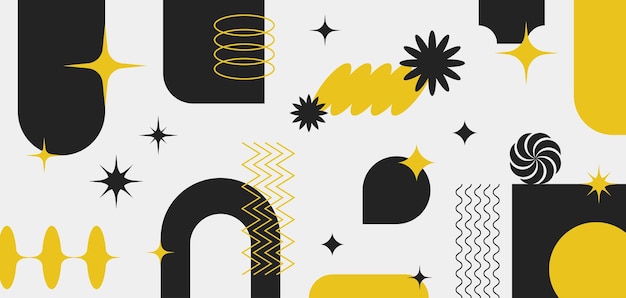 Estandarte geométrico abstracto con formas y formas figuras contemporáneas brutales estrellas óvalos flores y otros elementos de diseño gráfico diseño suizo estética ilustraciones vectoriales Y2K