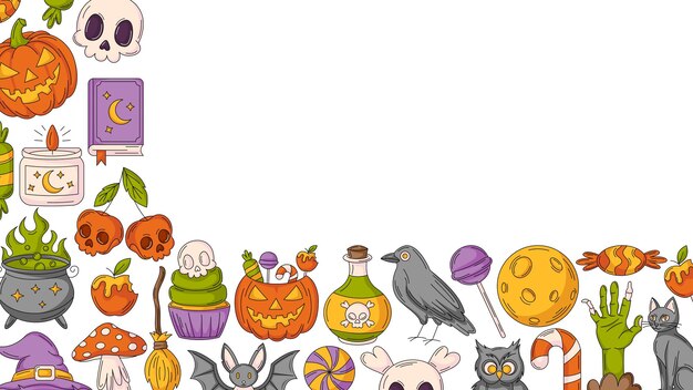 Estandarte de Halloween de fondo horizontal con iconos espeluznantes y aterradores Ilustración vectorial plana de colores