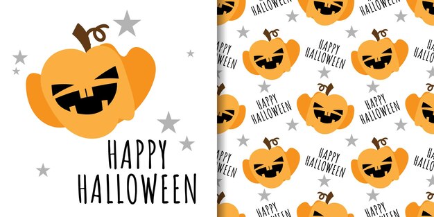 Estandarte de Halloween y patrón sin costuras de bonita calabaza de Halloween y estrellas sobre fondo blanco