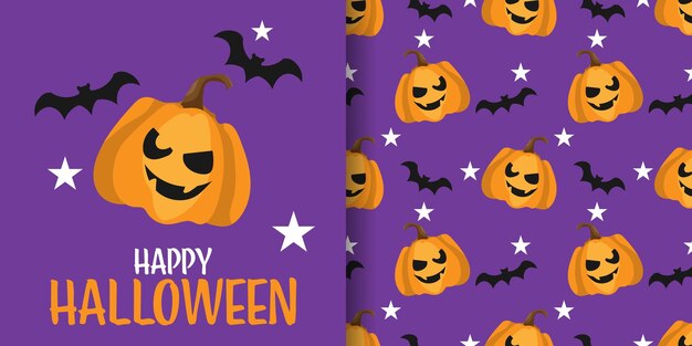 Estandarte de Halloween y patrón sin costuras de una bonita calabaza de Halloween con murciélagos y estrellas