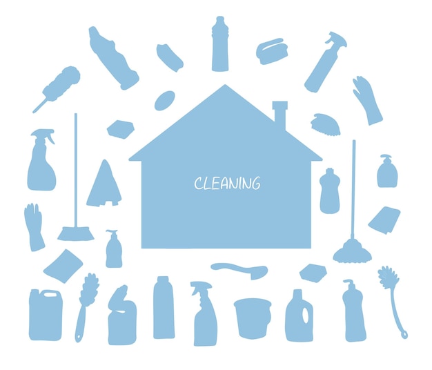 Vector estandarte hecho de equipos de limpieza iconos de líneas de limpia productos y herramientas de limpia y desinfección del hogar baldes y trapeadores pulverizadores y detergentes vector