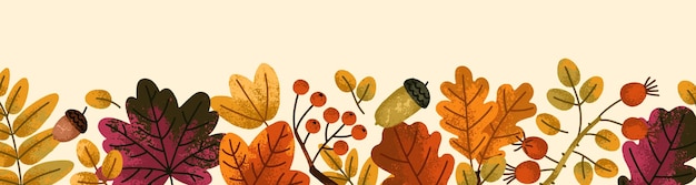 Estandarte de hojas de otoño patrón de follaje de otoño fondo de otoño con decorativo bosque estacional borde hojas de árbol bayas bosque diseño botánico natural ilustración vectorial plana panorámica