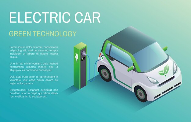 Vector estandarte horizontal con coche eléctrico en la estación de carga ilustración vectorial en estilo isométrico