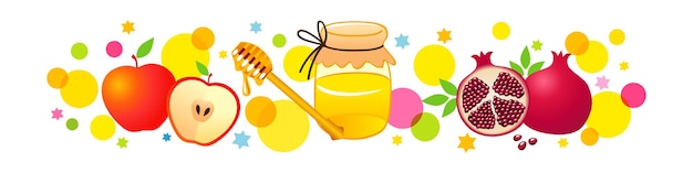 Estandarte horizontal de colores con frutas y un frasco de miel clip art de las vacaciones del Año Nuevo judío