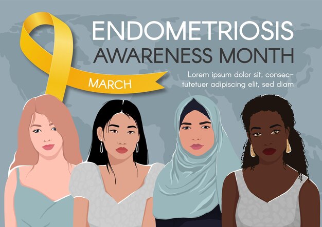 Estandarte horizontal del mes de concienciación sobre la endometriosis Espacio de cinta amarilla para texto y mujeres diversas