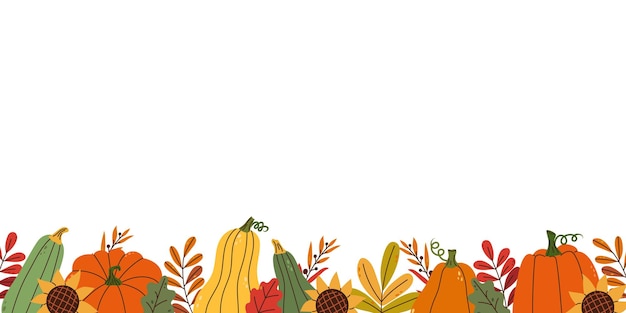Estandarte horizontal de otoño con hojas de calabazas multicolores y girasoles en blanco Ilustración plana