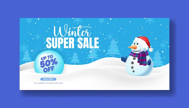 Estandarte horizontal de promoción de ventas de invierno y estandarte navideño con fondo de muñeco de nieve en 3D