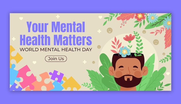 Estandarte horizontal de salud mental del mundo dibujado a mano