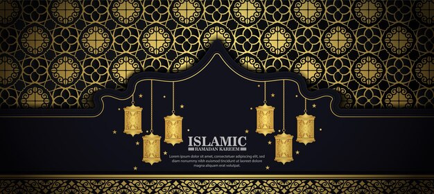 Estandarte de lujo de Ramadán Kareem en estilo negro y dorado