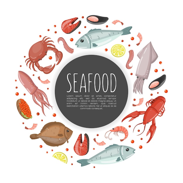 Estandarte de mariscos Impresión vectorial de la portada del cartel publicitario de la tienda de restaurantes del mercado de pescado