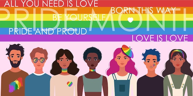 Estandarte del mes del orgullo LGBTQ con diversas personas que apoyan los derechos y movimientos LGBTQ+
