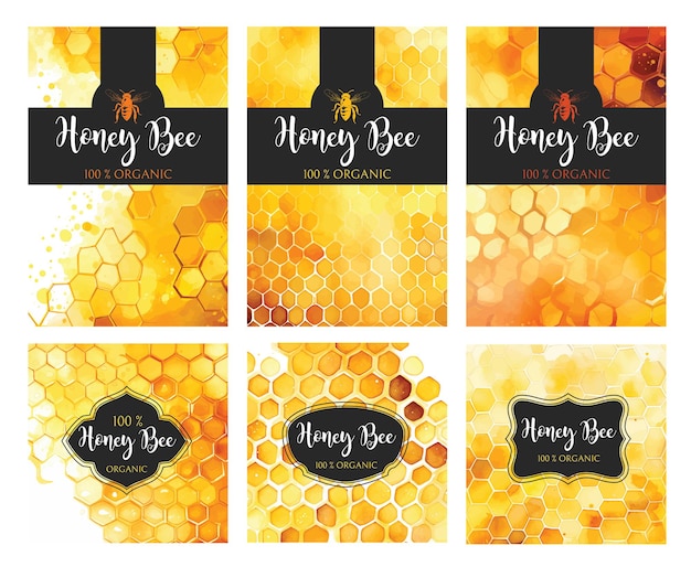 Estandarte de miel con una ilustración de panales de miel de fondo