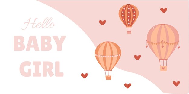 Estandarte para el nacimiento de una niña en colores rosados con globos y corazones