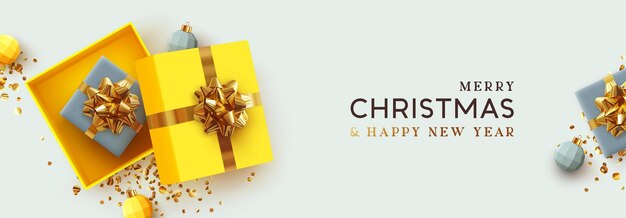 Vector estandarte de navidad. fondo de diseño de navidad realista caja de regalos abierta con sorpresa, dorado 3d render bola de bolas y brillo confeti de oro. cartel de navidad horizontal, tarjeta de felicitación, encabezados sitio web