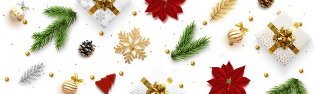 Estandarte de Navidad. Fondo Objetos de Navidad vistos desde arriba, elementos de diseño decorativo realistas. Feliz Navidad y feliz Año Nuevo. Poster horizontal, encabezado del sitio web, vista superior plana.