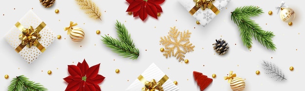 Estandarte de Navidad. Fondo Objetos de Navidad vistos desde arriba, elementos de diseño decorativo realistas. Feliz Navidad y feliz Año Nuevo. Poster horizontal, encabezado del sitio web, vista superior plana.