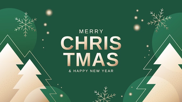 Estandarte de Navidad moderno con texto dorado copos de nieve y árboles de Navidad en fondo verde