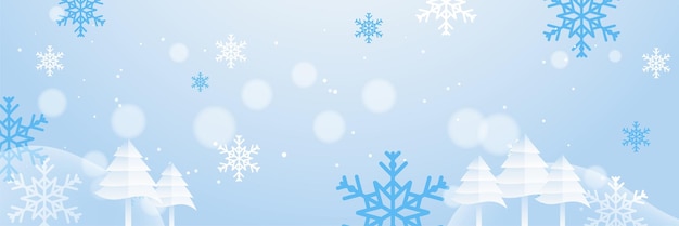 Estandarte navideño azul y blanco con copos de nieve Estandarte de felicitación de Feliz Navidad y Feliz Año Nuevo Título de fondo horizontal de año nuevo carteles de carteles sitio web Ilustración vectorial