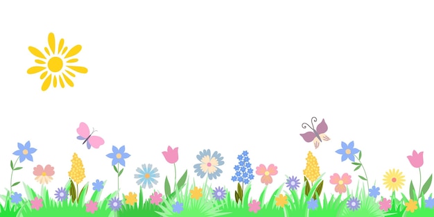 Estandarte de primavera con flores mariposa garabateo sol hierba festiva patrón de prado borde horizontal