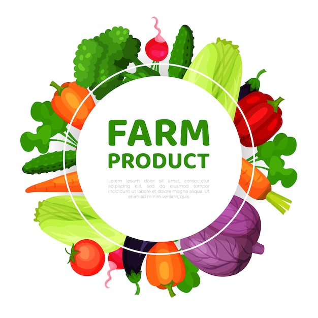 Estandarte de productos agrícolas Producción de verduras frescas orgánicas de la granja Mercado de agricultores publicidad de alimentos saludables vegetarianos Ilustración vectorial