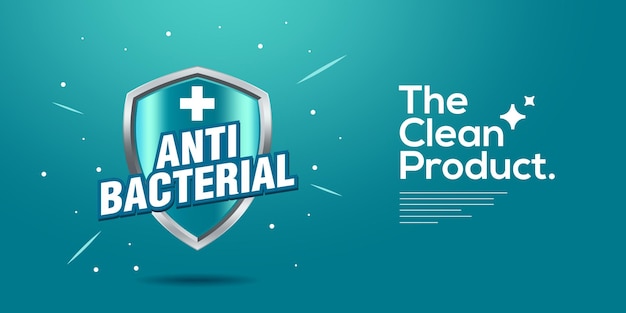 Estandarte de protección de la salud con cruz de escudo y células bacterianas volando sobre fondo azul Antivirus