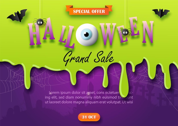 Estandarte publicitario de Halloween con palabras de venta en sangre de monstruo verde y fondo púrpura gradiente