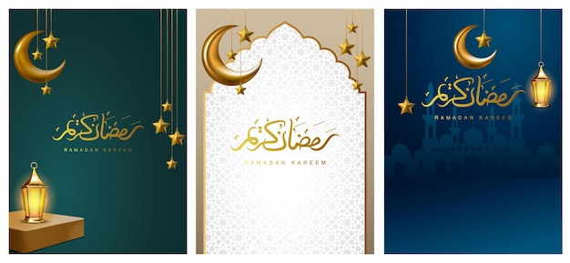 Estandarte de Ramadan Kareem con luna creciente dorada metálica 3d y caligrafía manuscrita árabe.