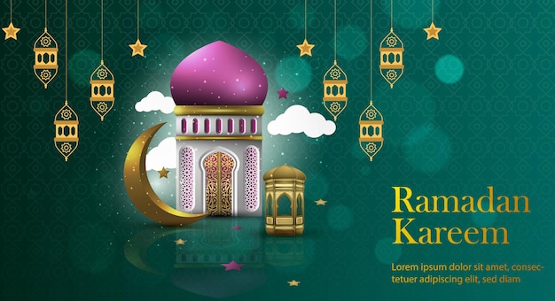 Estandarte de Ramadán Kareem con luna creciente dorada y verde metálica 3d.