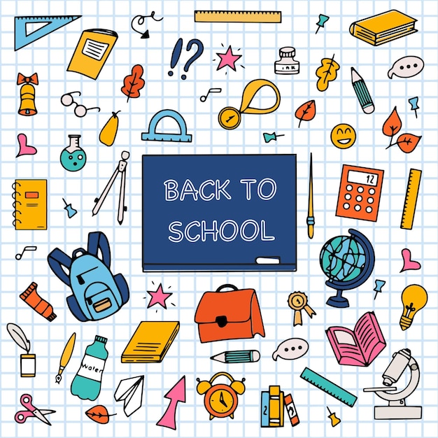 Estandarte de regreso a la escuela Conjunto de dibujos coloridos de papelería dibujados a mano Suministros escolares en estilo doodle en fondo a cuadros Ilustración vectorial