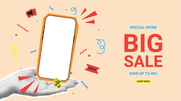 Estandarte retro para grandes ventas Ilustración vectorial con teléfono en la mano Collaje con elementos cortados en papel para eventos de venta de decoración Collaje de tendencias creativas