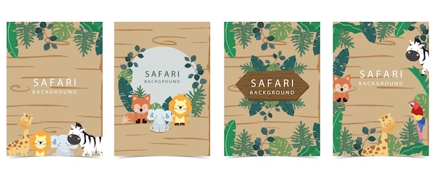 estandarte de safari con girafa elefantebrafox y marco de hoja ilustración vectorial para diseño a4