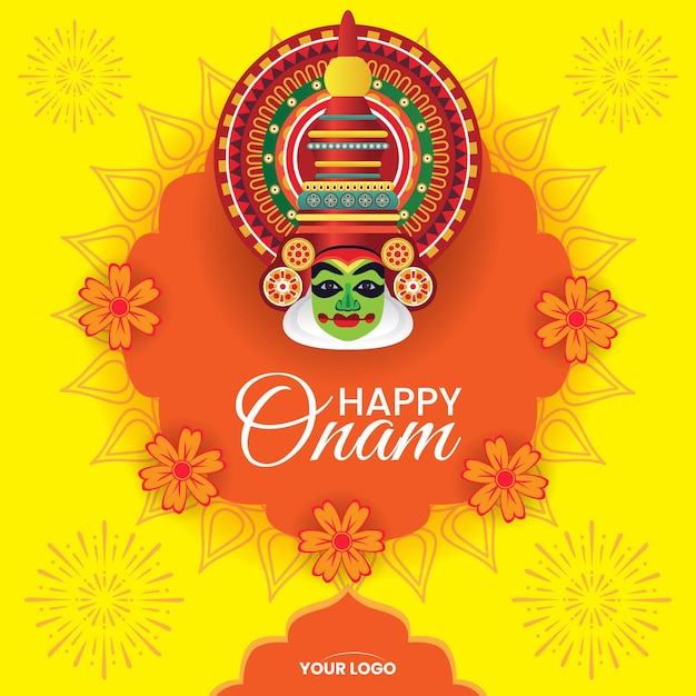 Estandarte de saludo de Onam con máscara Kathakali y decoraciones florales