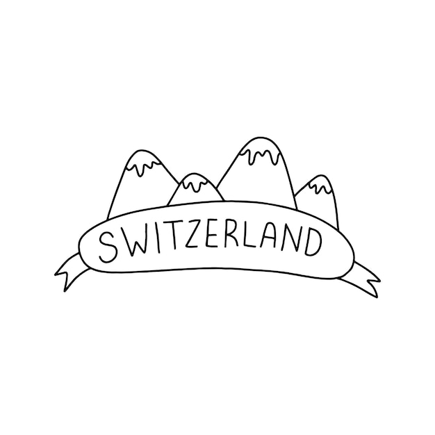 Estandarte suizo y montañas en estilo doodle Vector aislado en fondo blanco