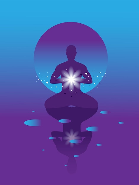 Estandarte vectorial con meditación Hombre de yoga en fondo violeta con estrellas y esferas