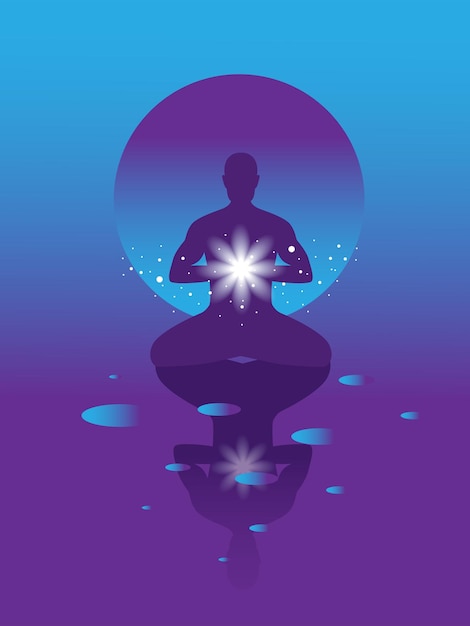 Vector estandarte vectorial con meditación hombre de yoga en fondo violeta con estrellas y esferas