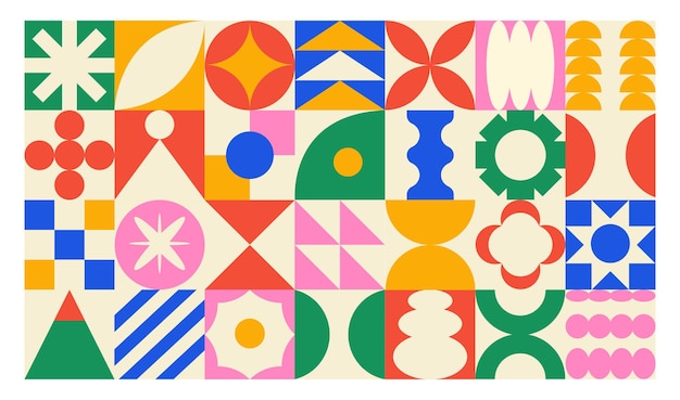 Estandarte vectorial o fondo de formas geométricas abstractas y coloridas Iconos contemporáneos brutales y brillantes