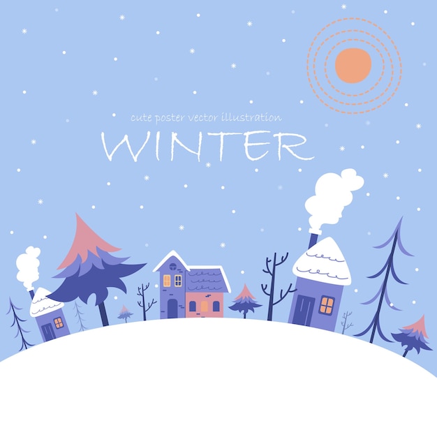 Estandarte vectorial plano paisaje de invierno celebración de Navidad y Año Nuevo en el pueblo
