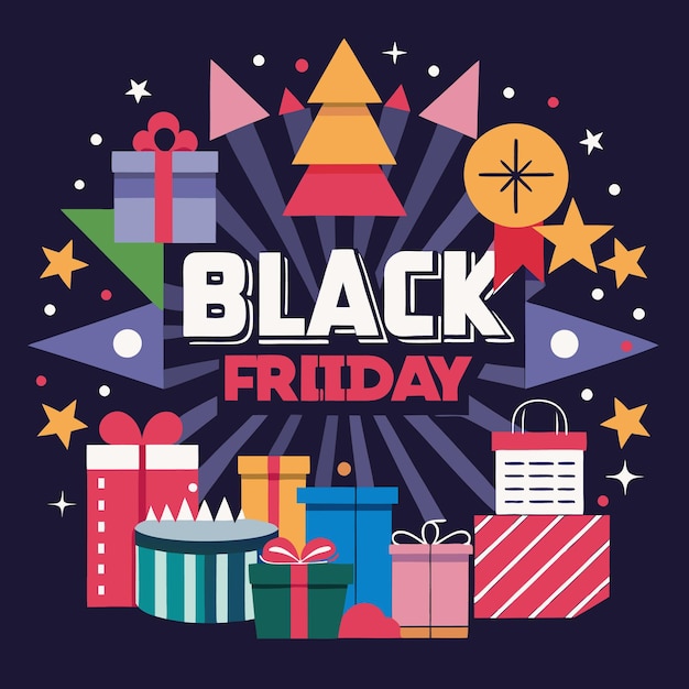 Estandarte de venta festiva del Viernes Negro con regalos y estrellas