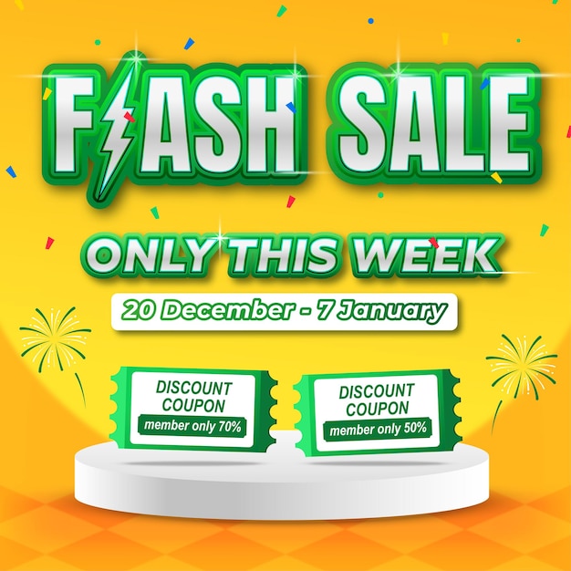 Estandarte de venta flash amarillo y verde con boleto de cupón