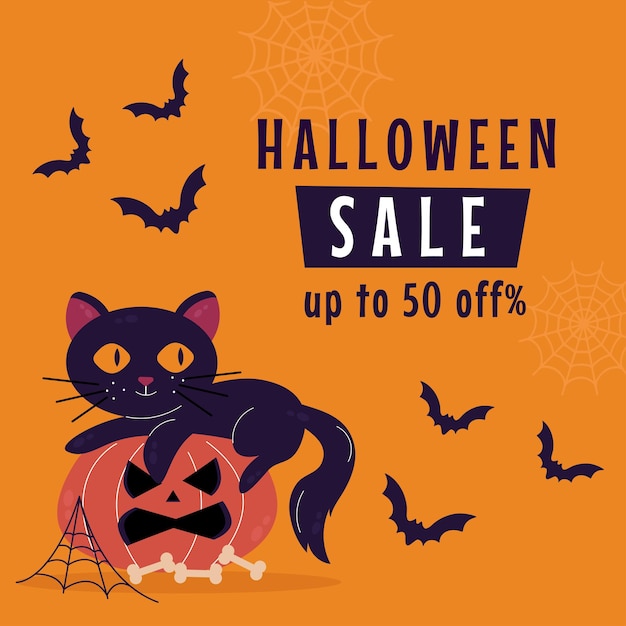 Estandarte de venta de Halloween con un gato negro en una calabaza