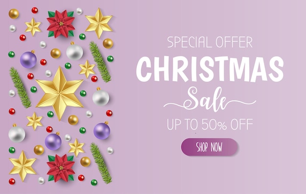 Estandarte de venta de Navidad con bolas de oro rojo y verde cinta brillante y copo de nieve en fondo púrpura Ilustración vectorial