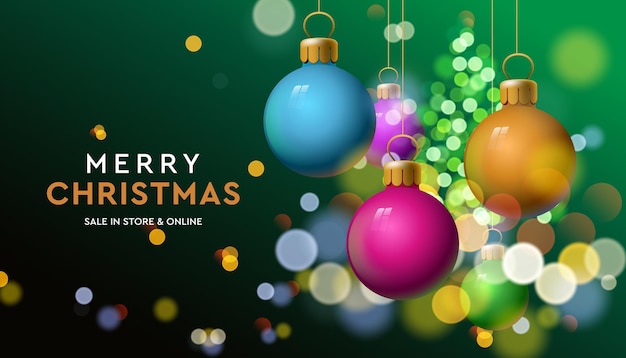 Estandarte de venta de Navidad con bolos brillantes en el fondo con efecto bokeh borroso Ilustración vectorial
