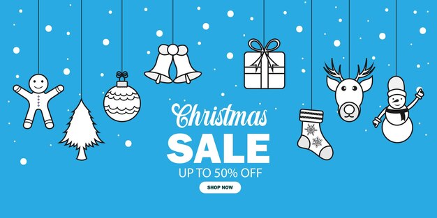 Estandarte de venta de Navidad con elementos ornamentales colgados