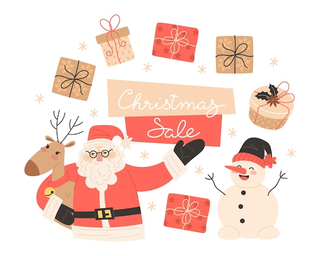 Estandarte de venta de Navidad con Papá Noel abrazando a un hombre de nieve reno y cajas de regalos
