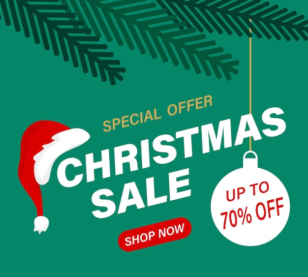Estandarte de venta de Navidad con ramas de abeto y sombrero de Papá Noel Oferta especial para ventas y descuentos