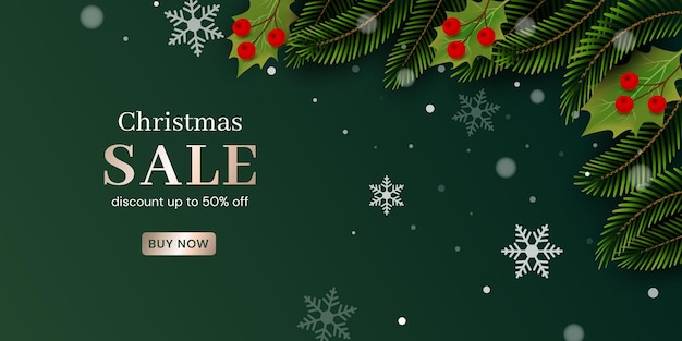 Estandarte de venta de Navidad con ramas de árbol y bola de Navidad
