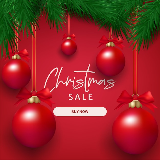 Estandarte de venta de Navidad ramas de pino realistas y bolas decorativas de fondo para el invierno